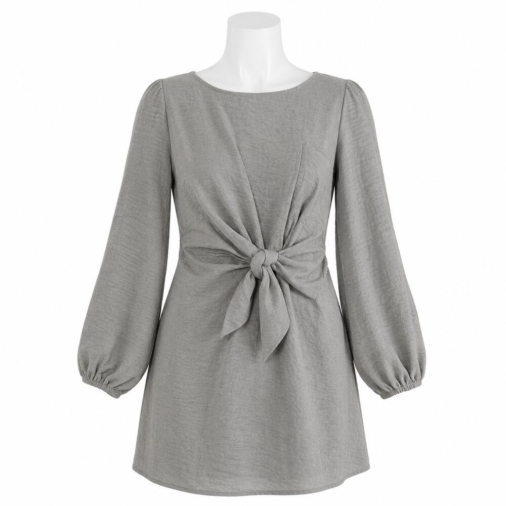 Selfie Leslie Grey Tie Front Long Sleeve Mini Dress – Size XS